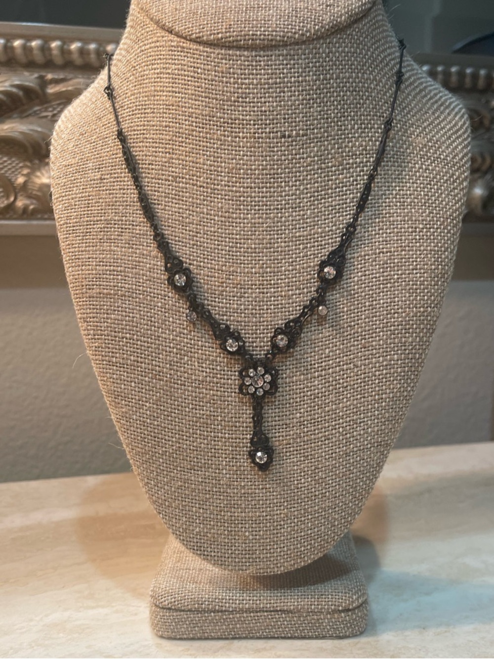 Delicate Black Floral Drop Necklace with Clear Crystals
